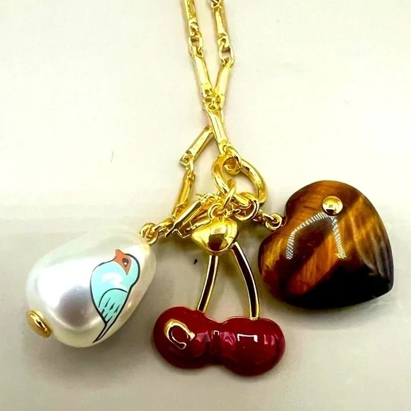 COACH Gold-Tone Charm Pendant Necklace with Cherry, Faux Pearl & Tiger Eye Heart